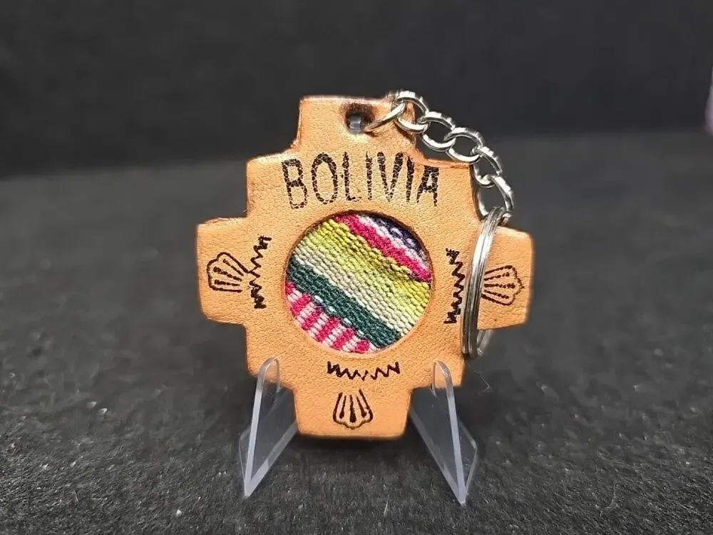 Vintage Bolivia Souvenir Keychain Leather and Fabric Dancers